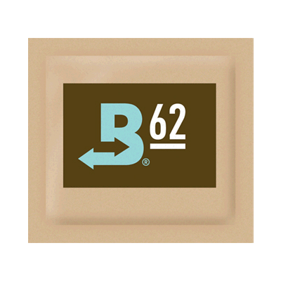 Close-up of the Boveda Humidity Control Pack for Dry Herbs - 62%, displaying a white label with bold black text.