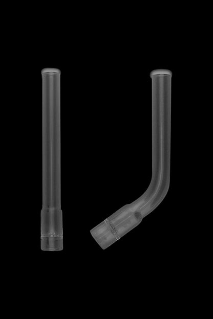 A close-up, angled view of the Arizer Solo Bent Glass Mouthpiece, showcasing its clear glass construction and curved design.