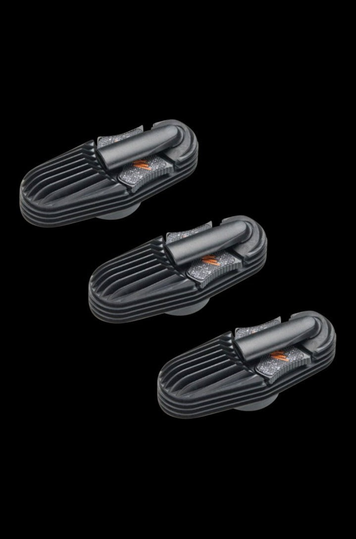 A close-up, angled view of the Storz & Bickel Mighty Cooling Unit Set, showcasing the gray, ribbed texture of the components.