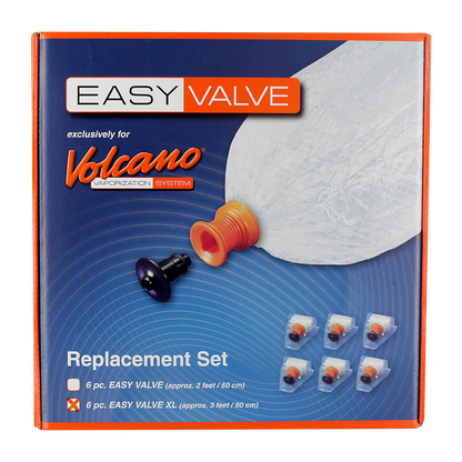 Front view of the Storz & Bickel Volcano Easy Valve XL Replacement, showing the packaged replacement valves against a blue background.