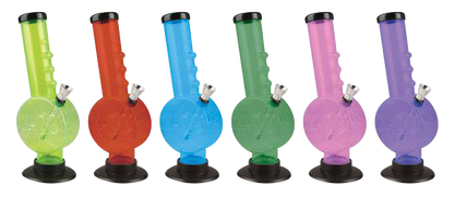 Front view of the 420 Disc Acrylic Water Pipe, showing a clear acrylic pipe with a rounded base on a black surface.