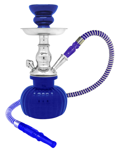A front view of the Petite 1-Hose Premium Hookah, featuring a blue base and silver accents, with a coiled hose extending from the side.