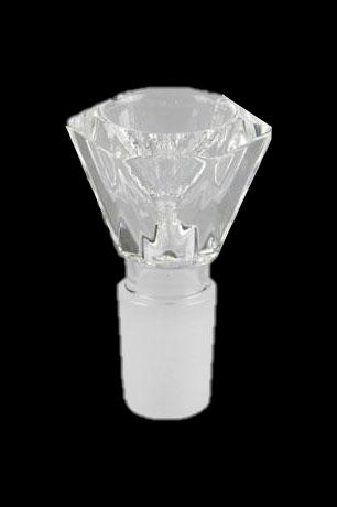Clear glass cannabis bowl with a diamond-shaped design.