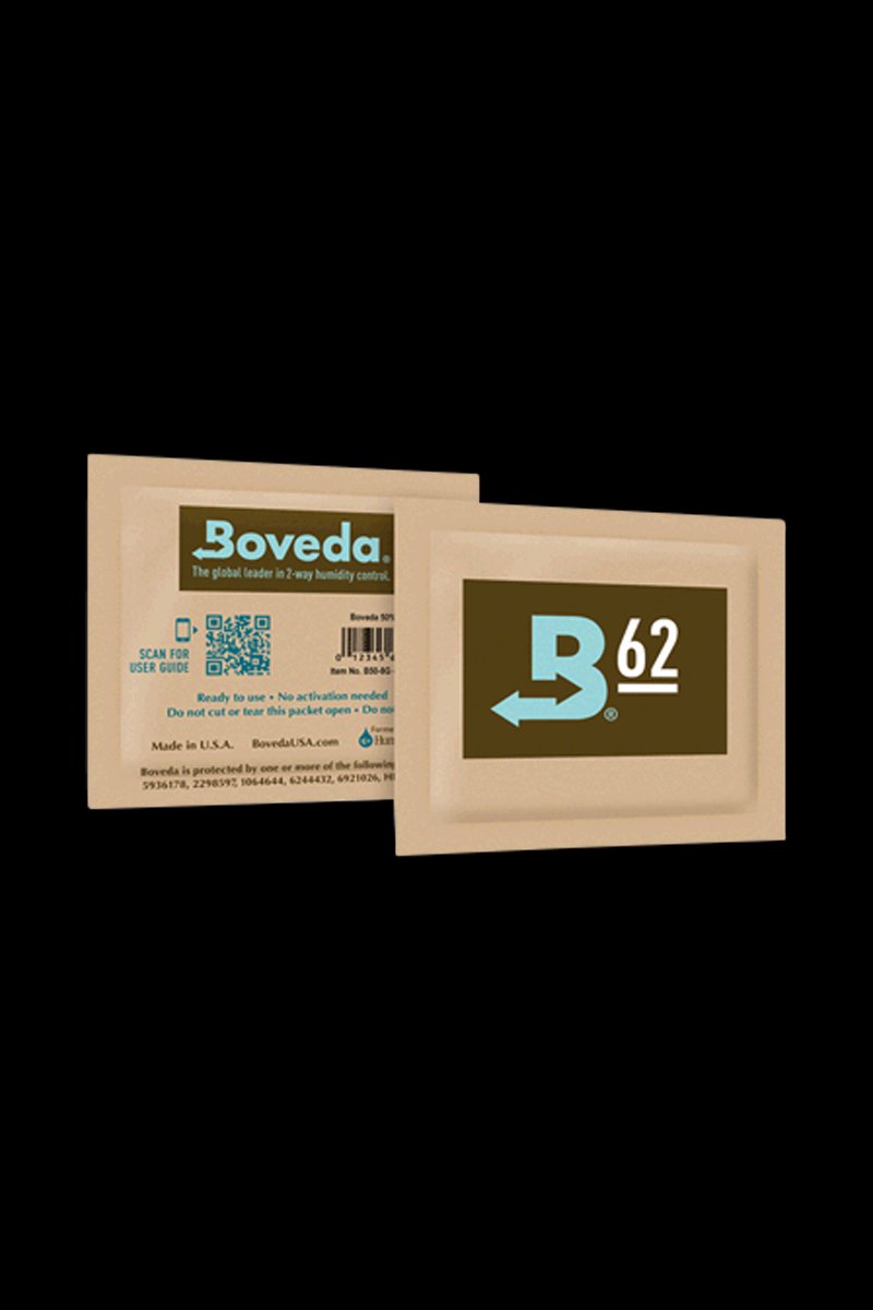 A close-up of the Boveda Humidity Control Pack for Dry Herbs - 62% with a square label, highlighting text and a barcode against a white background.