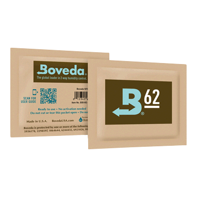 Close-up of the Boveda Humidity Control Pack for Dry Herbs - 62% with visible branding and text on a white background.