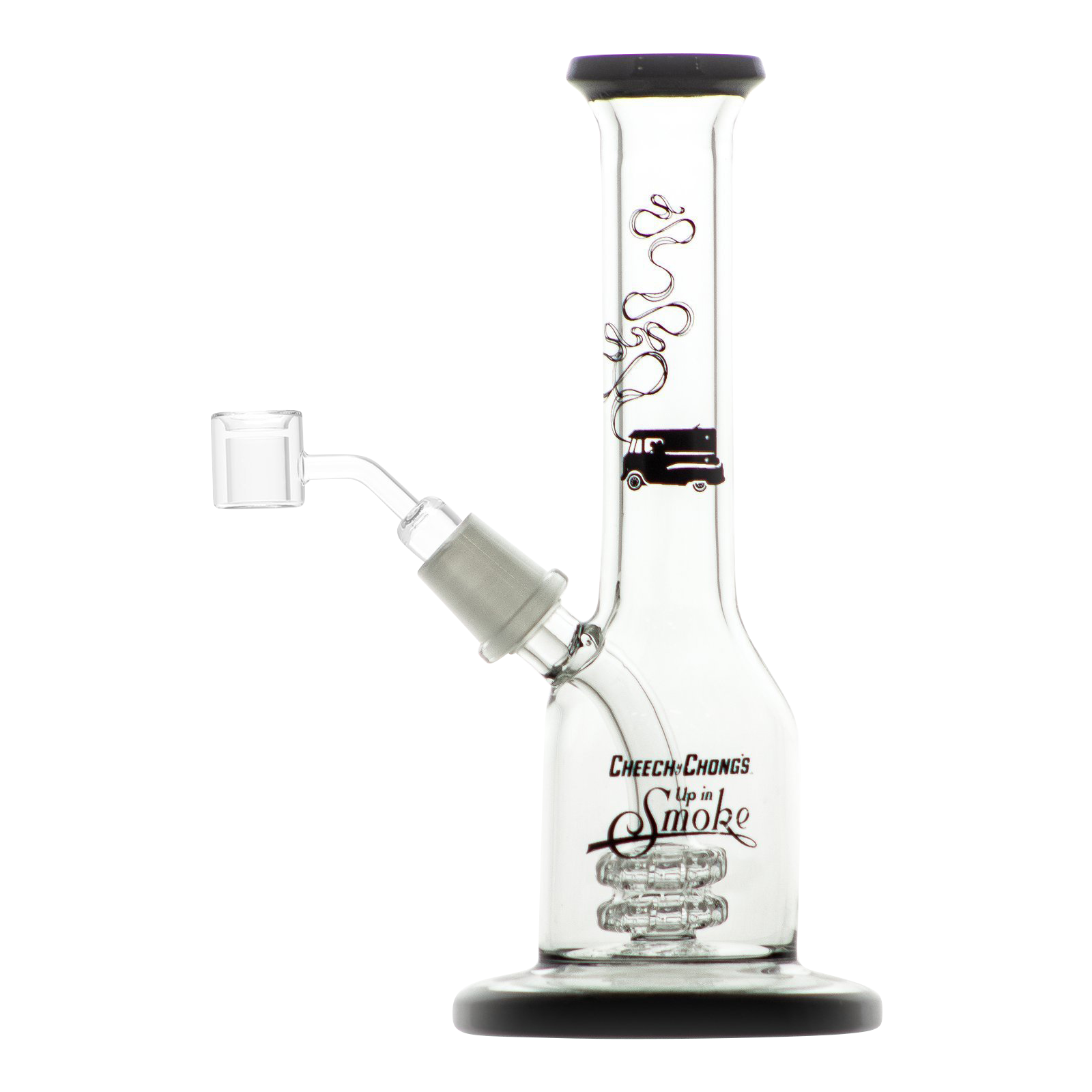 The Cheech & Chong "Jade East" Mini Rig Dabber is shown in a studio shot, with its clear glass body and compact size highlighted.