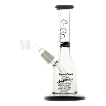 The Cheech & Chong "Jade East" Mini Rig Dabber is shown in a studio shot, with its clear glass body and compact size highlighted.