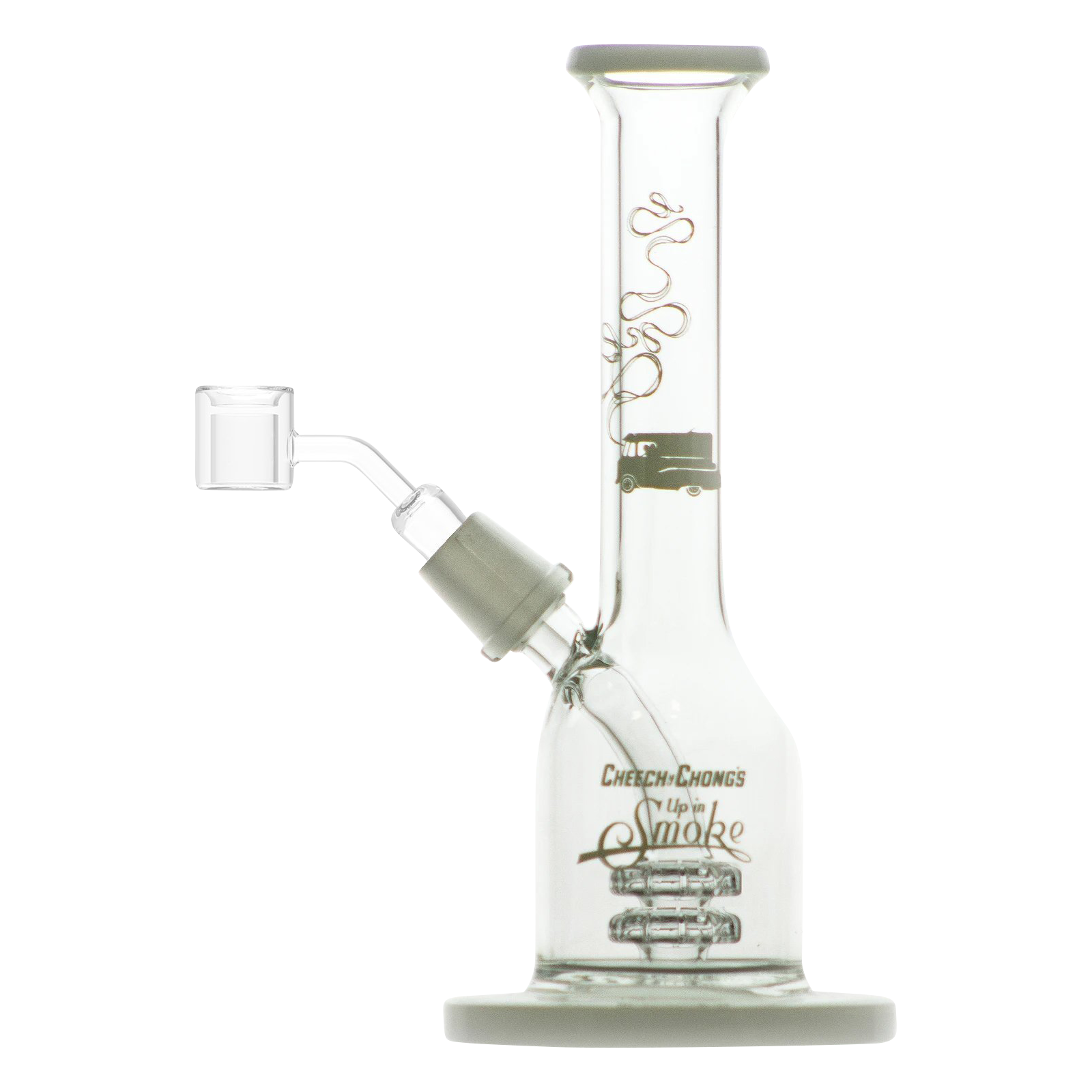 A three-quarter view of the Cheech & Chong "Jade East" Mini Rig Dabber, showcasing its compact size and clear glass construction.