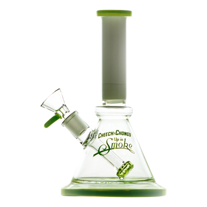 A studio shot of the Cheech & Chong "Pedro" Mini Beaker Bong, featuring a clear glass construction and a classic beaker shape.