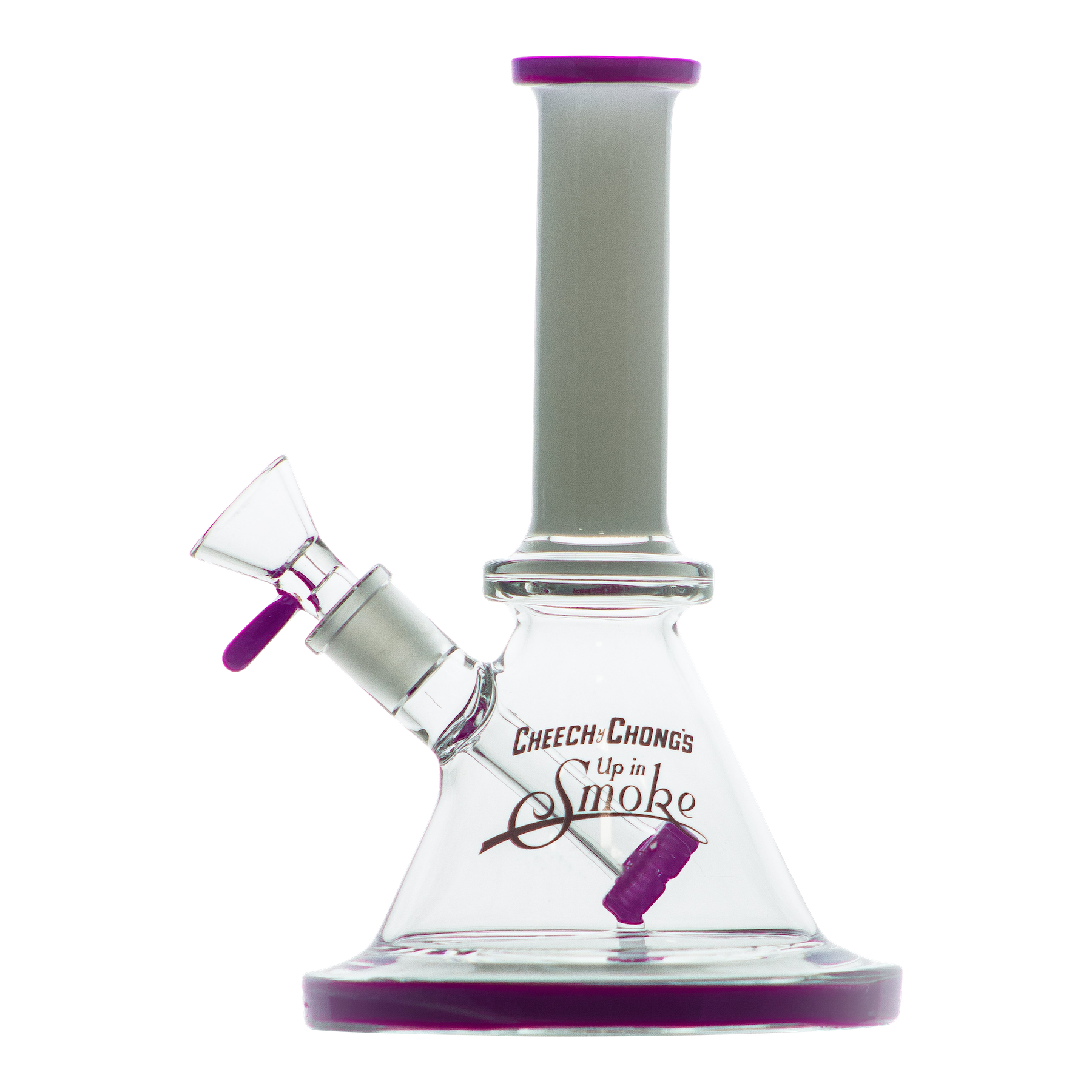 A studio shot of the Cheech & Chong "Pedro" Mini Beaker Bong, showcasing its clear glass construction and compact size.