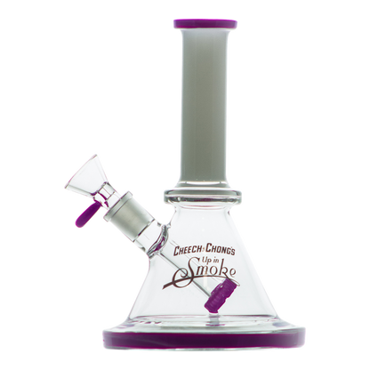 A studio shot of the Cheech & Chong "Pedro" Mini Beaker Bong, showcasing its clear glass construction and compact size.