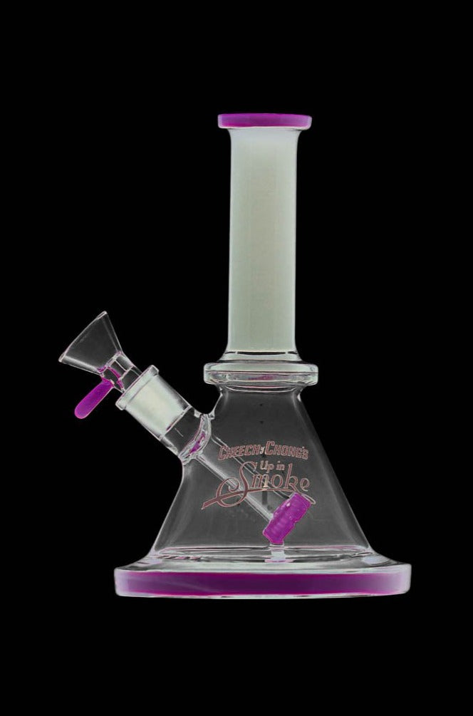 Front view of the Cheech & Chong "Pedro" Mini Beaker Bong, showing the clear glass beaker shape with a flared mouth.