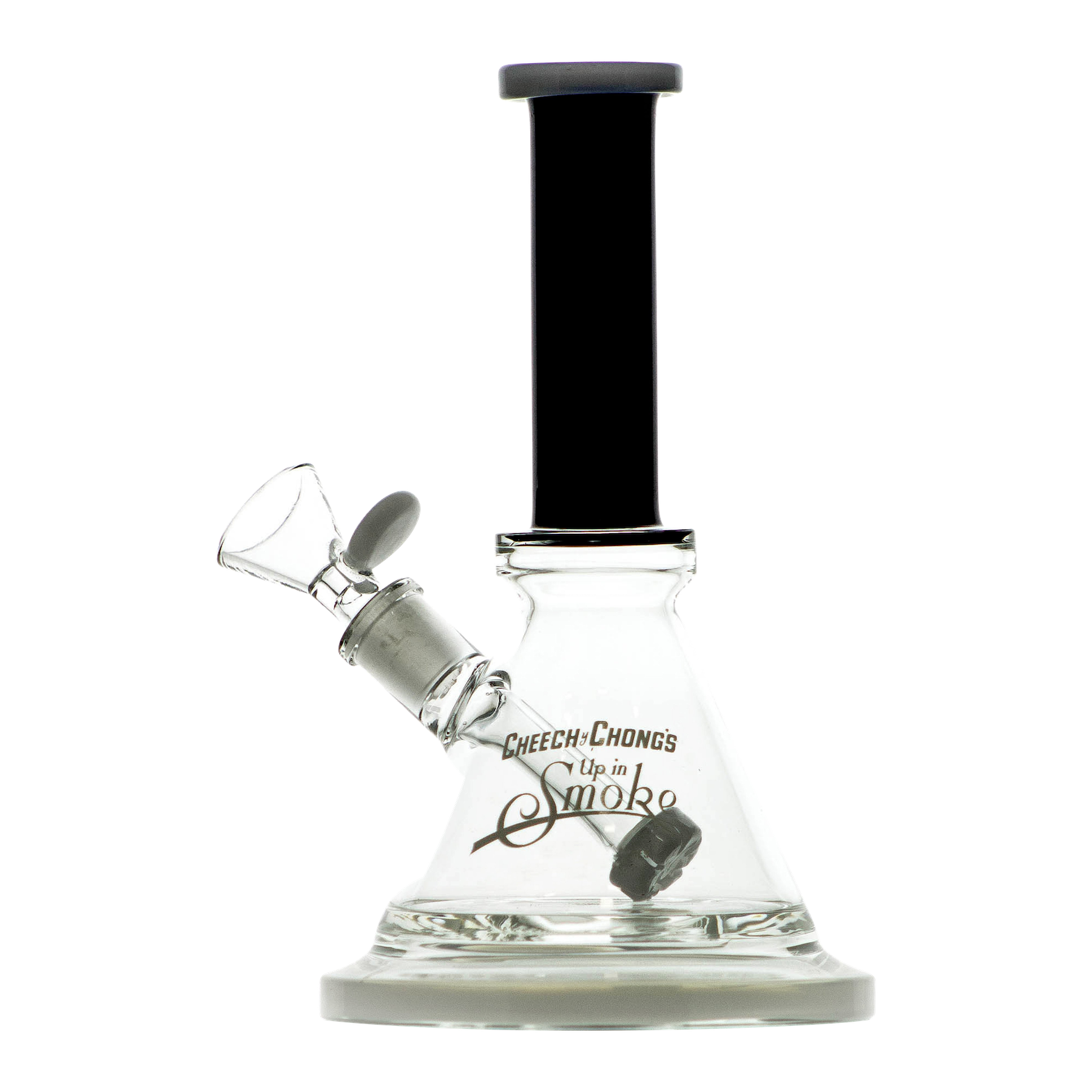 A studio shot of the Cheech & Chong "Pedro" Mini Beaker Bong, displaying its clear glass construction and simple beaker shape.