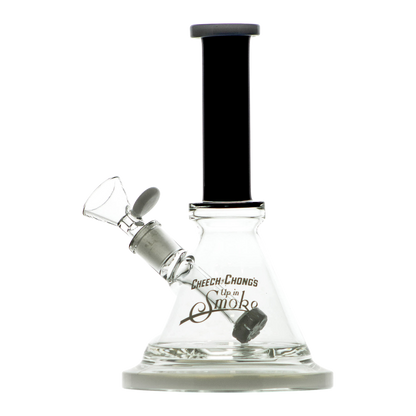A studio shot of the Cheech & Chong "Pedro" Mini Beaker Bong, displaying its clear glass construction and simple beaker shape.