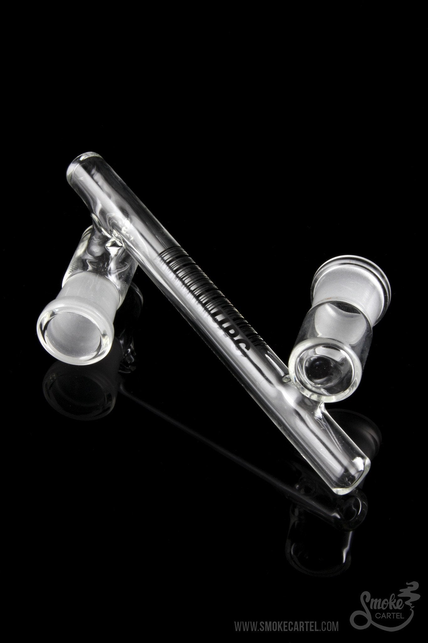 Clear glass bubbler pipe with removable glass mouthpiece, isolated on a black background.