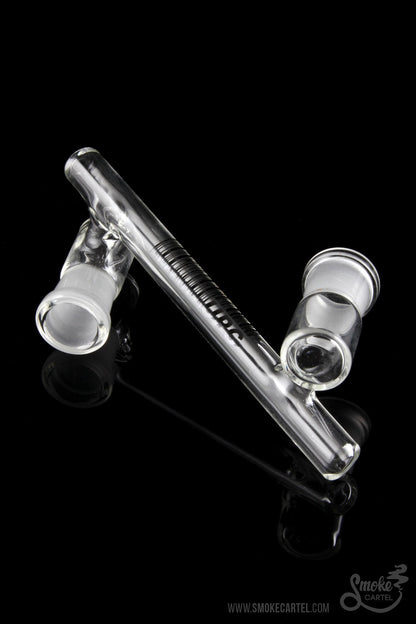 Clear glass bubbler pipe with removable glass mouthpiece, isolated on a black background.