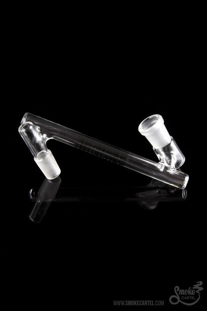 Clear glass bubbler with angled mouthpiece, isolated on a black background.