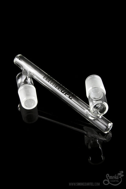 Clear glass bubbler with two chambers and a smoke cartel logo, displayed against a black background.