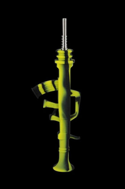 A front view of the AK47 Silicone Dab Straw Collector with Titanium Tip, showcasing its elongated shape and glossy black finish.