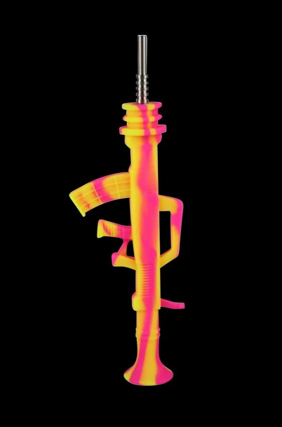Front view of the AK47 Silicone Dab Straw Collector with Titanium Tip, showcasing its slender, elongated form in a vibrant, colorful design.