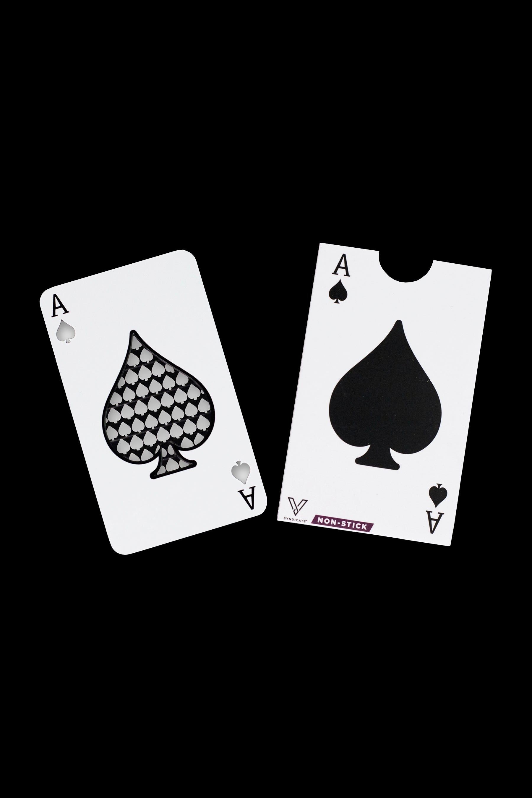 Two playing cards – Aces of Spades – flank a small, rectangular cannabis concentrate collection tool labeled “NON-STICK.”