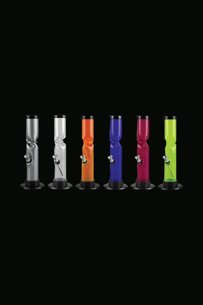A front view of the Acrylic Straight Tube Water Pipe With Ice Catcher, showcasing a clear tube design on a black background.