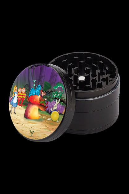 Metal cannabis grinder with a colorful Alice in Wonderland-themed lid.