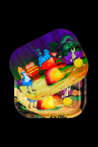 Alice in Wonderland-themed metal rolling tray with characters like the Mad Hatter, White Rabbit, and Cheshire Cat depicted in a vibrant, psychedelic style.