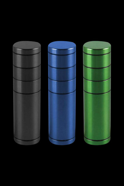 Front view of three All-In-One Dugout & Grinder with Storage units, each in a different metallic finish on a black background.