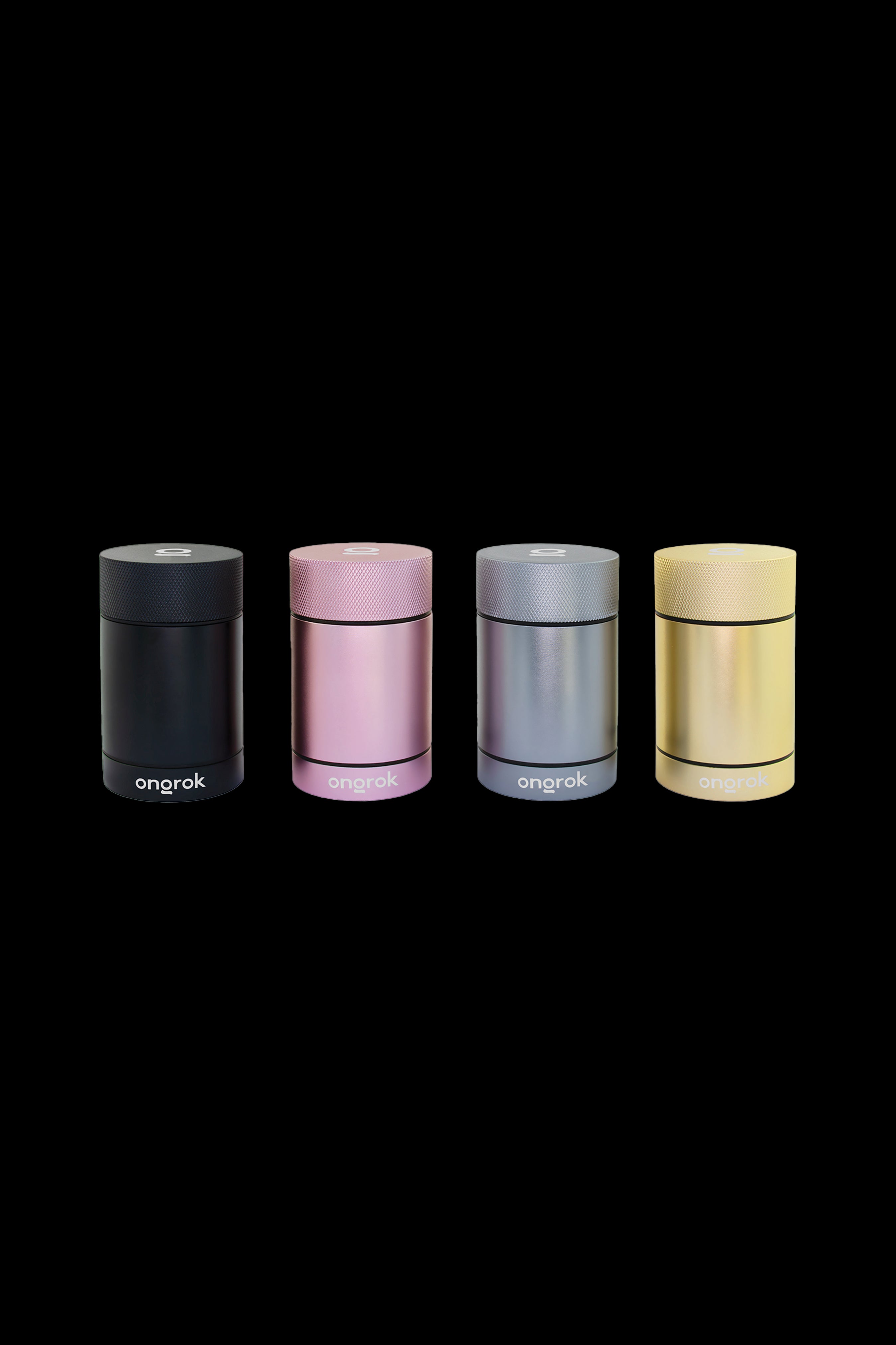 Four sleek, cylindrical cannabis storage jars in black, pink, blue, and gold, branded with “ongrok.”