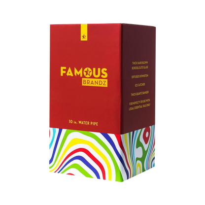 Front view of the “Famous Brandz 'Amnesia'” straight tube with a visible banger, displaying a clear glass construction.