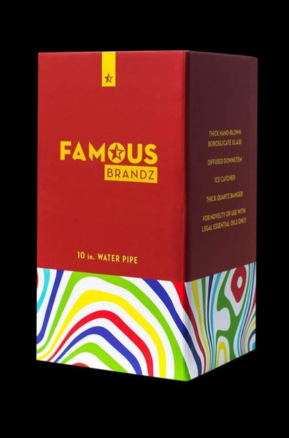 Front view of the “Famous Brandz ‘Amnesia’ Straight Tube with Banger,” showcasing its colorful, patterned glass design.