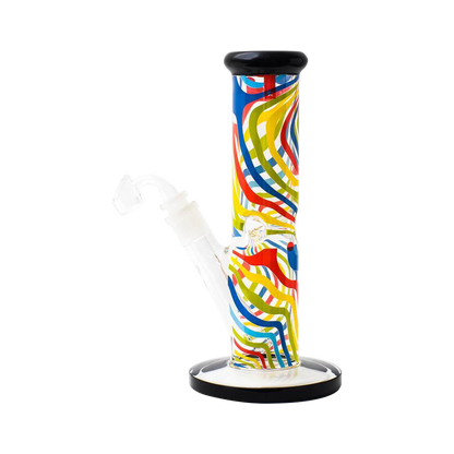 Front view of the Famous Brandz "Amnesia" Straight Tube with Banger, showcasing its colorful patterned glass against a plain white background.