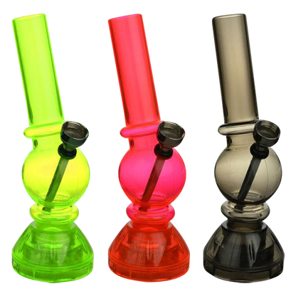 Front view of the Angled Mini Acrylic Water Pipe with Grinder Base, showing its compact size and transparent construction.