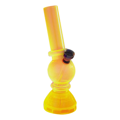 Front view of the Angled Mini Acrylic Water Pipe with Grinder Base, showcasing its compact size and clear acrylic construction.