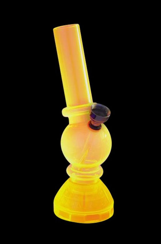 Front view of the Angled Mini Acrylic Water Pipe with Grinder Base, showcasing its compact size and clear acrylic construction.