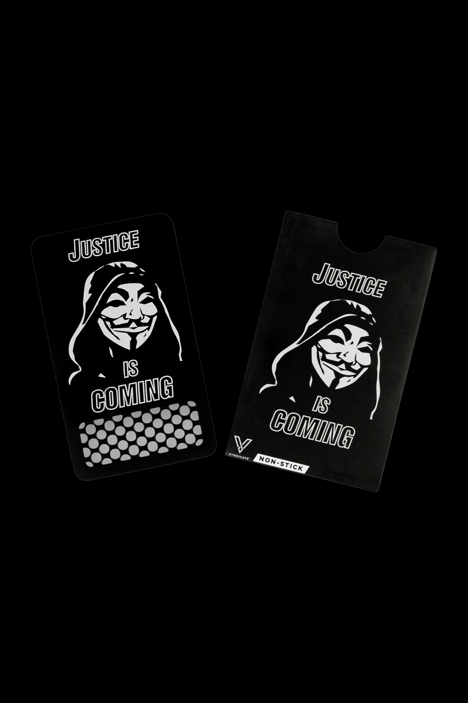 Two black cannabis rolling tray cards with a white Guy Fawkes mask and the text "Justice Is Coming." 