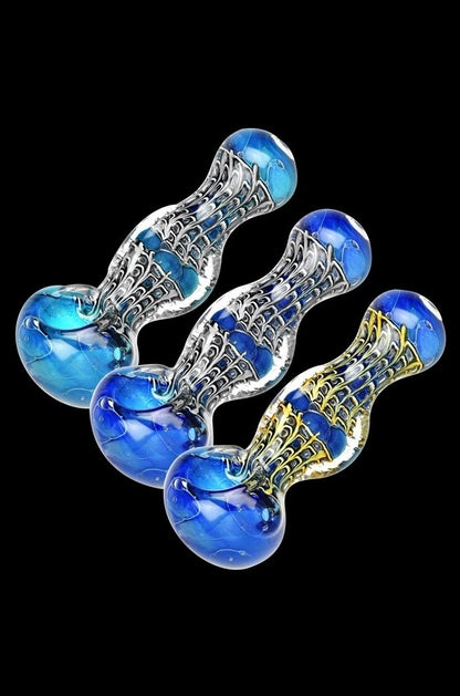 A three-quarter view of the Art Deco Homage 3-Sided Neck Spoon Pipe, showcasing its sculpted blue and white glass design.