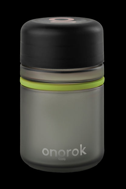 Olive green, airtight cannabis storage jar with “onrok” logo.