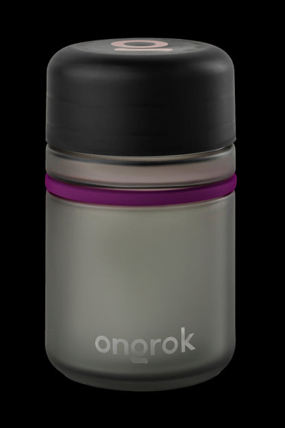 Olive green Odorok cannabis storage jar with a purple seal and logo.
