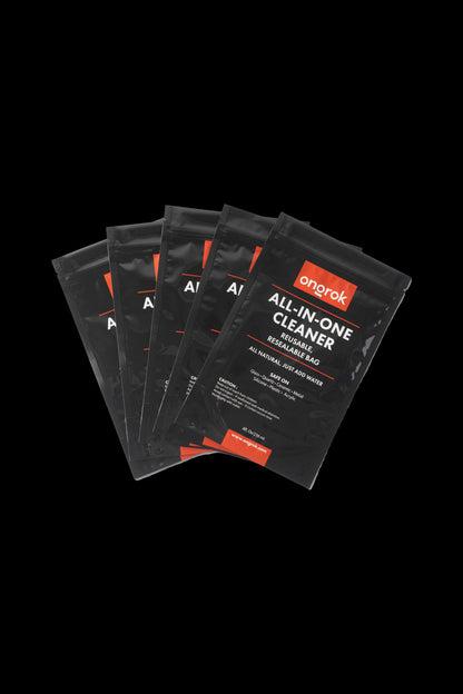 Stack of resealable bags labeled "ongrok All-In-One Cleaner" for cleaning cannabis accessories.