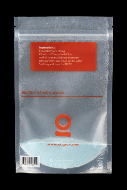 Silver cannabis soaking bag with instructions for use and website address.