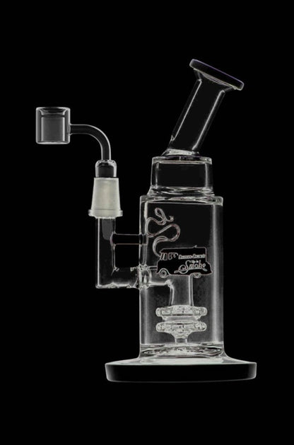 A studio shot of the Cheech & Chong Showerhead Perc Dab Rig - Anthony, displaying its clear glass construction and unique perc design.