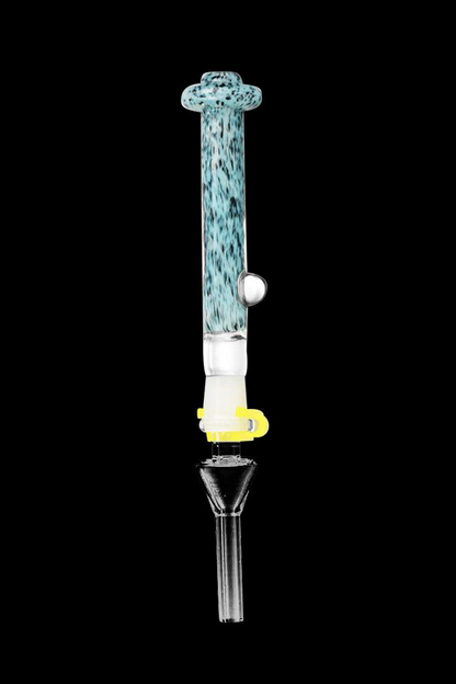 A vibrant glass oil rig with teal and white swirls, featuring a perc for filtration and a quartz nail for concentrates.