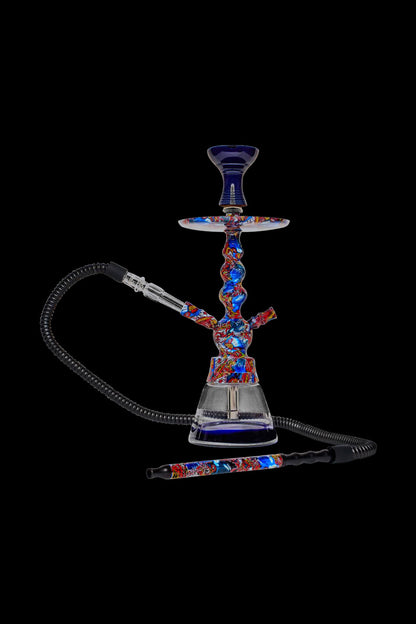A front view of the BYO Toker Hookah with a dark hose attached to a glass base and colorful accents.