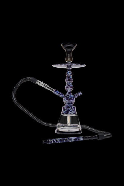 A front view of the BYO Toker Hookah, featuring a clear glass base and black hose against a dark background.