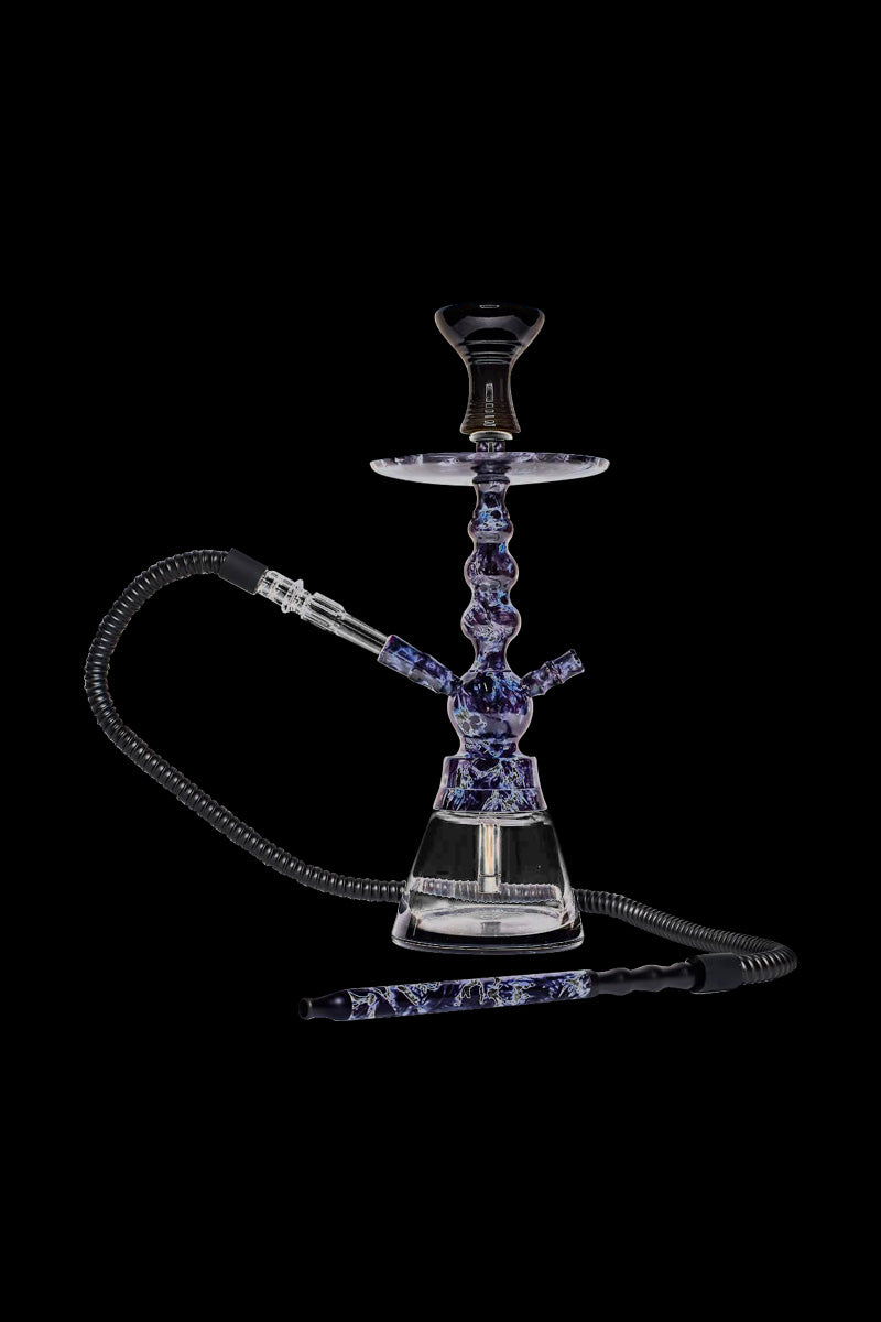 A front view of the BYO Toker Hookah, featuring a clear glass base and black hose against a dark background.