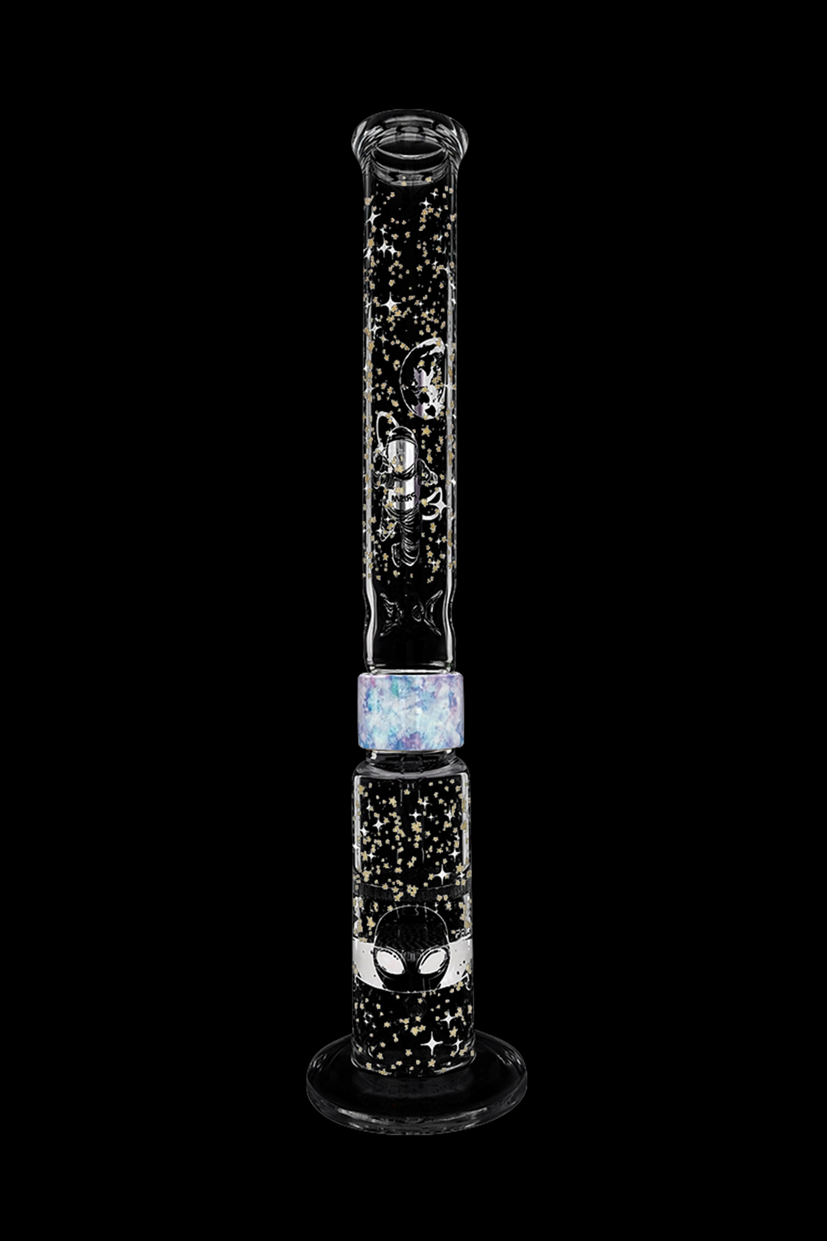 Glass water pipe with a spider and web design, iridescent opal accents, and black speckled detailing, set against a black background.