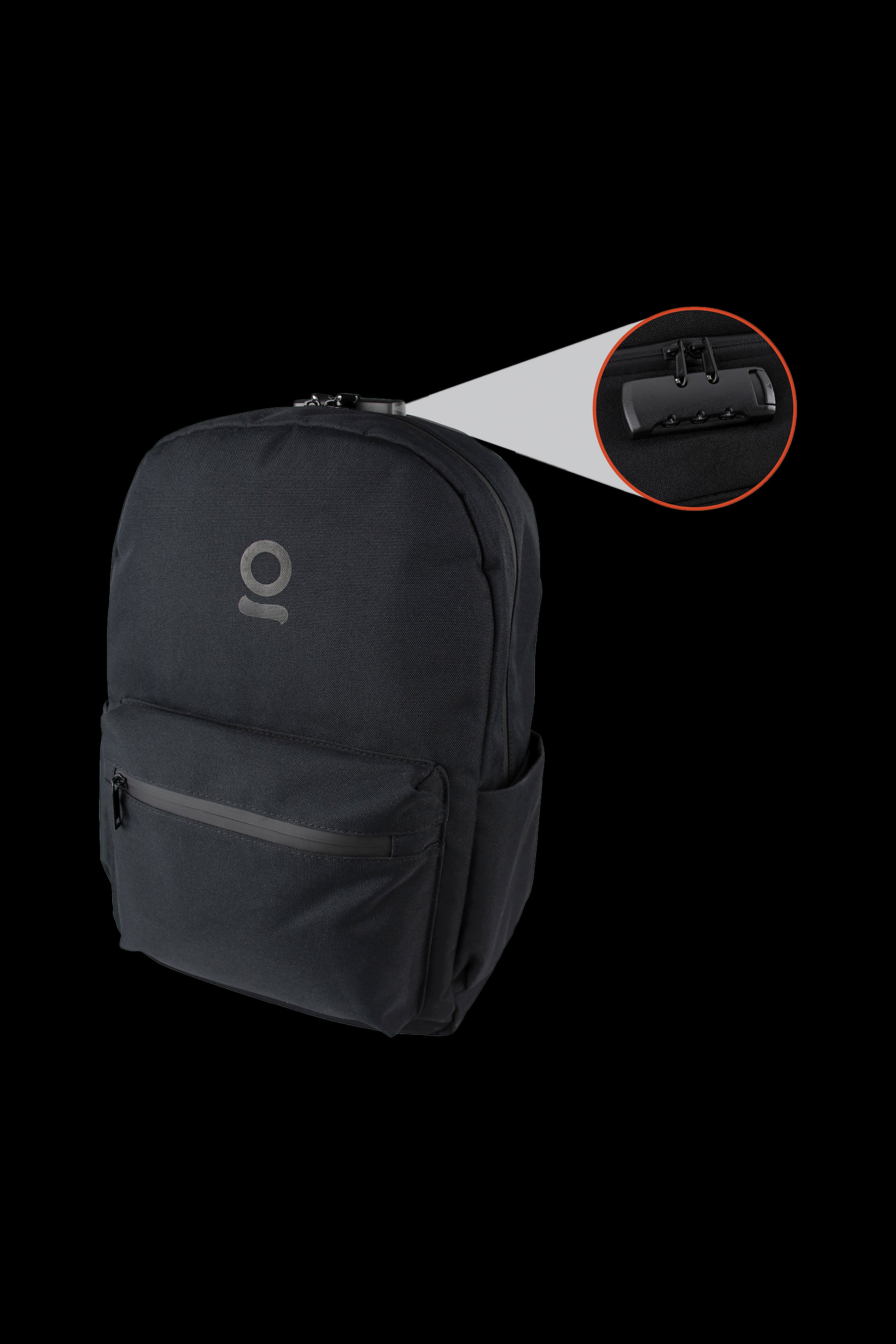 Black cannabis accessory backpack with odor-proof locking zipper detail.