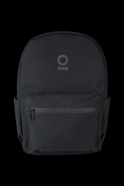 Black backpack with a subtle cannabis leaf-inspired logo and a zippered front pocket.